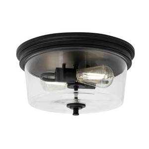 lot 122 image: Manor 13 in. Matte Black Round Flush Mount, Industrial Ceiling Light with Clear Glass Shade