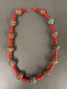 lot 1B image: Vintage Tibetan Necklace with Intricate Red Blue Beaded Metalwork Design