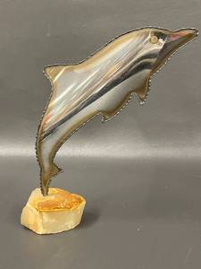 lot 4B image: Metal Dolphin Sculpture with Natural Stone Base, Artistic Home Decor