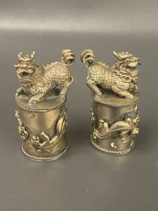 lot 7B image: VTG Bronze  Silverplate Fu Dog Statuettes Pair Asian Artifacts Collectibles
