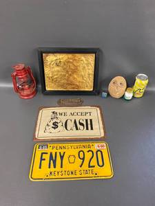 lot 18B image: Vintage Map Framed Art, PA Plate, Retro Sign Decor Lot