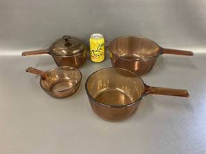 lot 20B image: Vintage Visions Corning Ware 4-Piece Cookware Set, Glass Pots and Lid