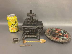 lot 31B image: Vintage Cast Iron Miniature Stove, Trivet & Tools