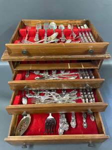lot 18 image: Huge Lot Oneida Beethoven Vintage Silver-Plated Flatware Set in Wooden Cabinet