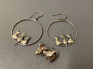lot 31 image: Silver Cat Design Hoop Earrings and Cat Head Studs Set