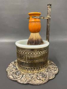 lot 67 image: Antique Shaving Brush Set with Ornate Metal Stand