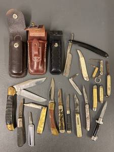 lot 106 image: Vintage Knife Collection Pocket Knives, Straight Razor, Cases - Bullet Brand