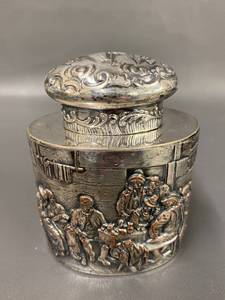 lot 47B image: Vintage Silver Relief Covered Container with Hallmark Engraving