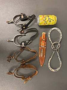 lot 55B image: Vintage Spurs, Knife, Horseshoe Buckle Set