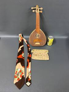 lot 73B image: Vintage Lot Wooden Lute, Floral Tie, Embroidered Pouch