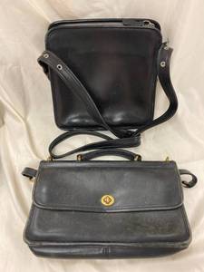 lot 29K image: 2 Coach Vintage Black Leather Handbags Lot Timeless Classic Design