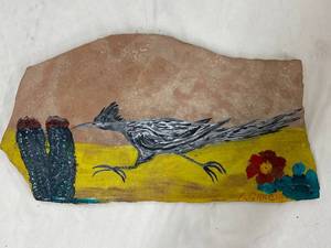 lot 35K image: Signed Garcia Southwest Hand-Painted Roadrunner Desert Stone Art