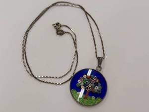 lot 39K image: Italian Glass Floral Mosaic Tree Pendant Necklace with Sterling Silver Chain