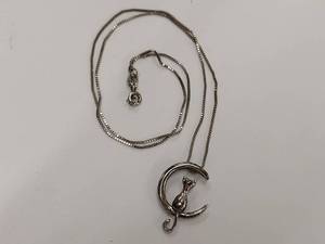 lot 45K image: Sterling Silver Cat Moon Pendant Necklace S925