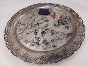 lot 46K image: Jewelry Lot with Ornate Pierced Tray - Some pieces are Sterling Silver