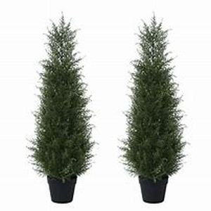 lot 32 image: DR.Planzen 4 ft. Artificial IndoorOutdoor Topiary Cedar Tree, Artificial Christmas Tree, Fake UV Resistant Potted Plants(Set of 2) Customer Return Review all pictures