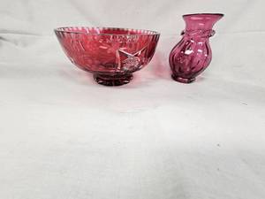 Pilgrim Cranberry Vase and Cranberry Bowl