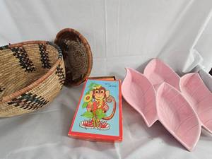 Miramar of California Serving Dish, Woven Basket, and Assorted Card Lot