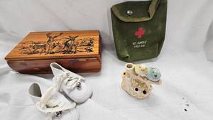 Vintage box, baby shoes, jungle bag and figurine