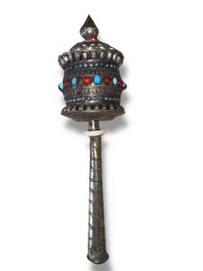 lot 119 image: Antique Tibetan Buddhist Prayer Wheel  Silver Metal w Coral & Turquoise Stones