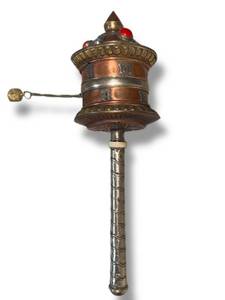 lot 120 image: Vintage Tibetan Buddhist Prayer Wheel  Copper & Silver with Mantra Scroll