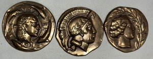 lot 114 image: Lot of 3 Heavy Bronze Paperweights  Ancient Coin Style  3.5  5 lbs Each