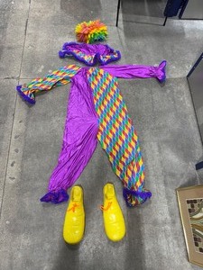 lot 110 image: Vintage Harlequin Clown Costume Set  Jumpsuit, Wig, Hat & Shoes