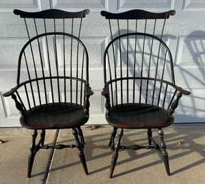 lot 162 image: Pair of High Back Windsor Bow Arm Chairs by Nichols & Stone Co. USA