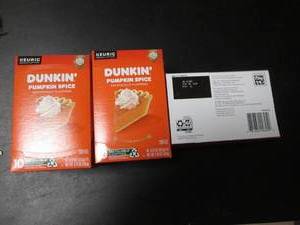 lot 92 image: Dunkin Pumpkin Spice Coffee Pods - 3 Packs of 10 - Best by July 12, 2024