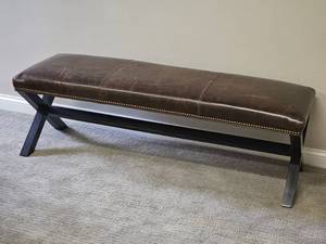 lot 8 image: Farmhouse Trestle Bench with Distressed Leather Seat & Bronze Tac