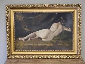 lot 37 image: Antique Nude Back Profile of a Women Oil Painting Signed by Artist (East European origin) Note Waffling of Board