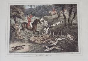 lot 84 image: Framed Hand Tinted English Etching  Fox Hunting P 4 by Hewitt