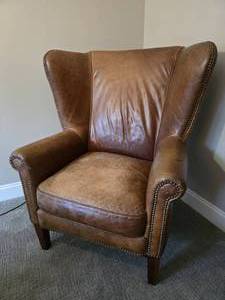 lot 58 image: Luxurious Vintage Leather Wingback Tacked Rolled Arm Chair
