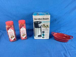 Hamilton Beach Can Opener, Rachael Ray Ceramics Individual Oval Au Gratin- Red, and Beef Bouillon Cubes.