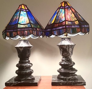 lot 30 image: Pair of Beautiful Marble Base and Tiffany Style Stained Glass Table Lamps