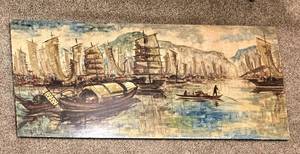 lot 13 image: Large Vietnamese Lacquer on Flattened Eggshells with Gold Leaf Accents Painting