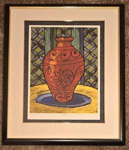 lot 95 image: Signed Red Vase Framed Silkscreen