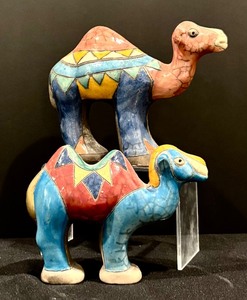 lot 75 image: Two Handcrafted South African Colorful Camel Pottery Figurines