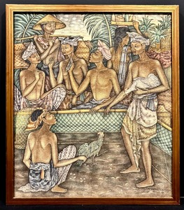 lot 87 image: Vintage Framed Indonesian  Bali Pigment on Canvas