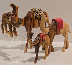 lot 137 image: Set of 4 Vintage Carved Wooden Camels