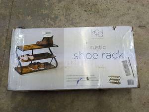 lot 154 image: uf - Rustic Shoe Rack with Matte Black Steel Frame