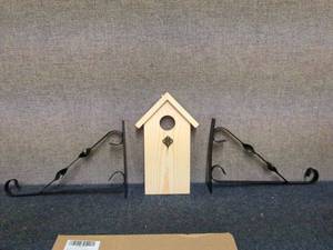 lot 211 image: 3 - Rustic Wooden Plant Terrarium and 2 Metal Hangers - Made in China