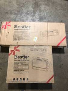 lot 16 image: Bestier 70 in. Black Marble Color TV Stand Fits TVs up to 75 in. with Tempered Glass Shelves LED Lights and Large Open Storage Customer Returns Review all pictures
