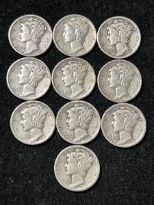 GROUP OF 10 US MERCURY DIMES