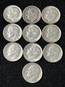 GROUP OF 10 US SILVER ROOSEVELT DIMES