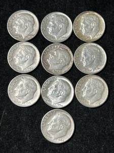 GROUP OF 10 US SILVER ROOSEVELT DIMES