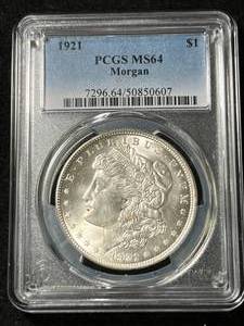 1921 US MORGAN SILVER DOLLAR PCGS MS64