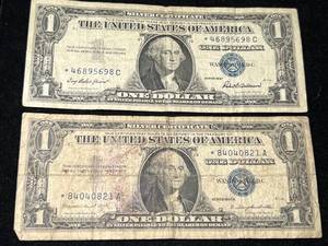 2 US BLUE SEAL $1 SILVER CERTIFICATE STAR NOTES