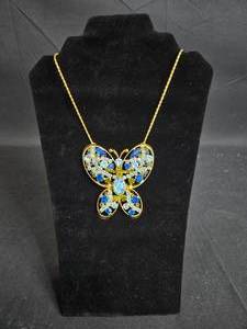 lot 2 image: Vintage Butterfly Pendant Necklace with Blue and Green Stones - display not included