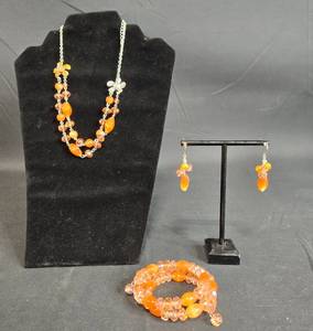 lot 7 image: Set of 3 Orange Jewelry Pieces Necklace, Earrings, and Bracelet - displays not included